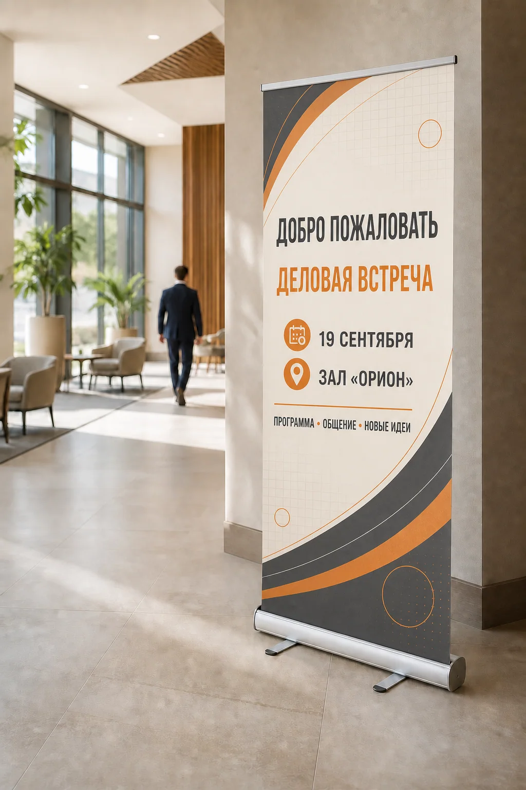 образец смежной услуги, кадр 1: Roll-up стенды; Roll-up с насыщенным русским макетом в лобби делового центра — ПЕЧАТЬ32, заказ с получением в Краснодаре, «Штендеры»